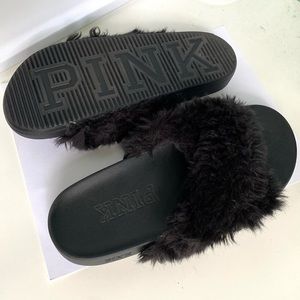 VS Pink Black Fur Slides - Size 6